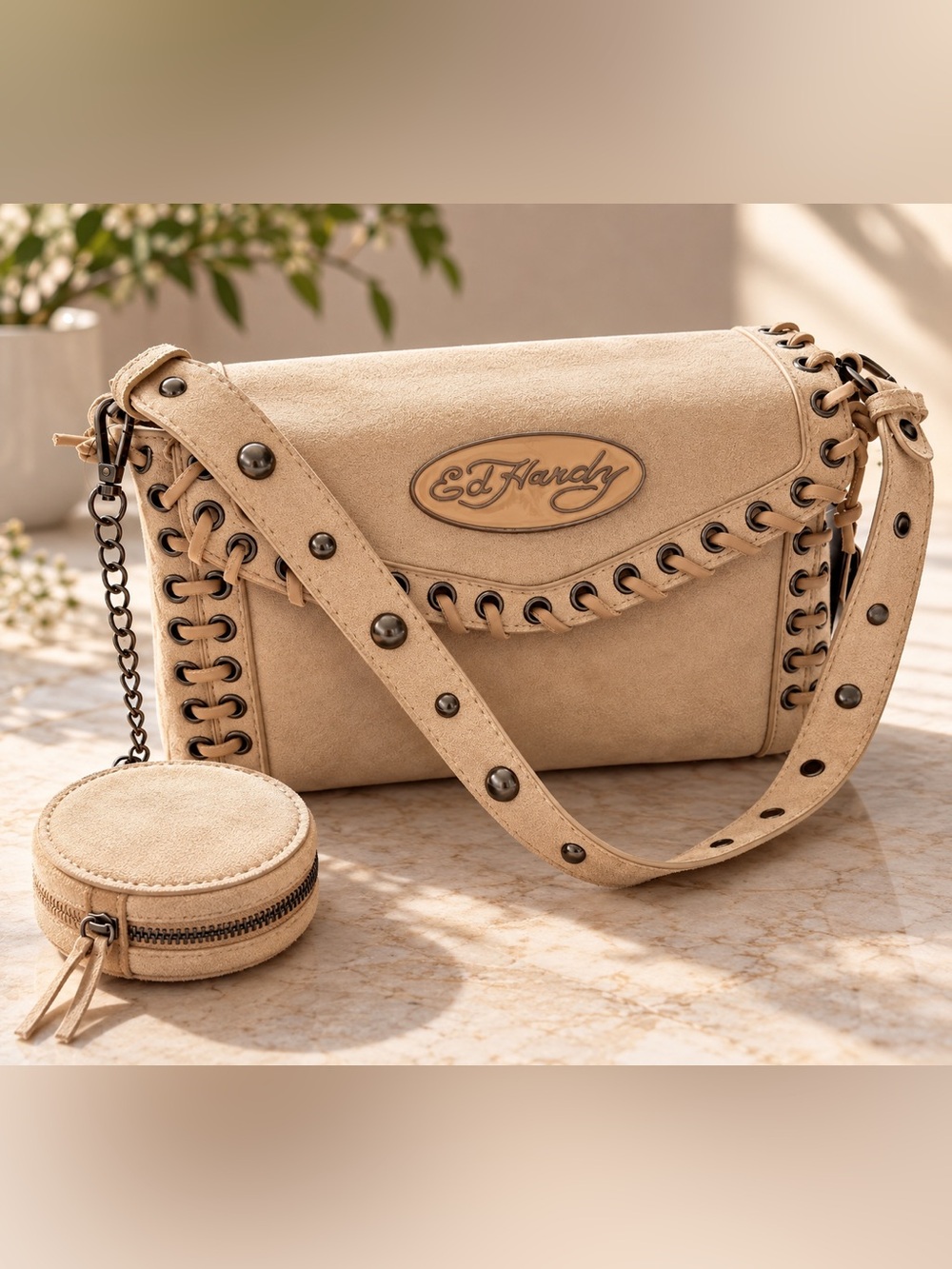 NWT Ed Hardy Beige Vegan Suede Studded Crossbody Bag + Coin Purse